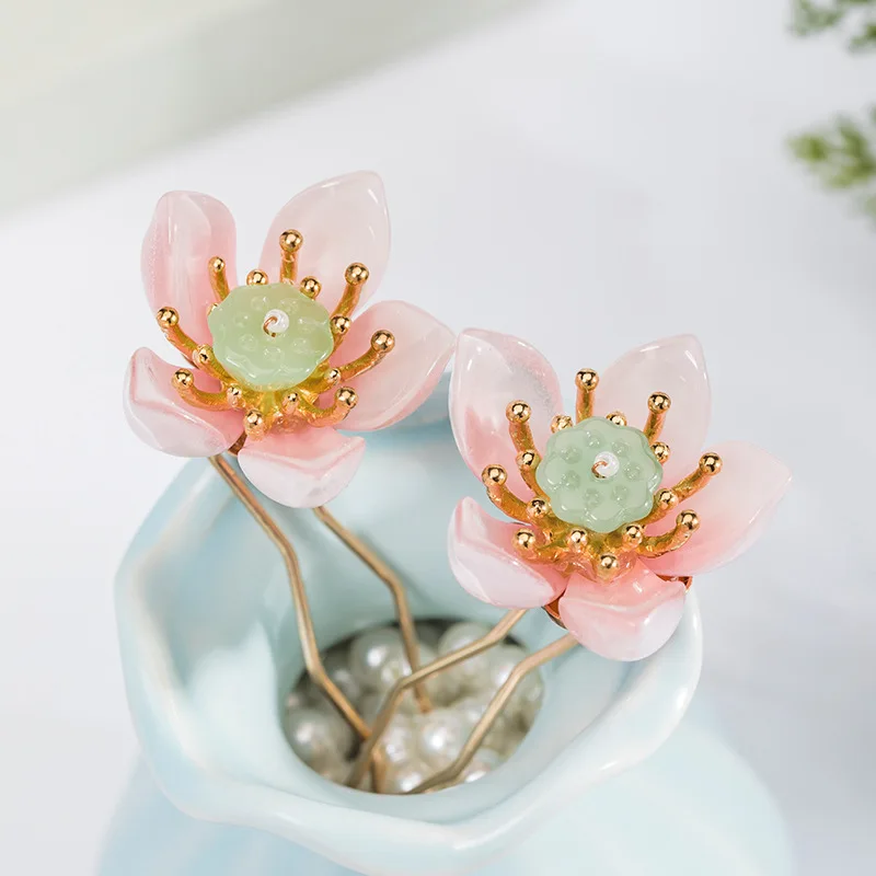 Lotus Hairpin Chinese Hanfu Hair Accessories Pink Floral U-shaped Hair Clip Vintage Wedding Headpeice Hair Jewelry For Women