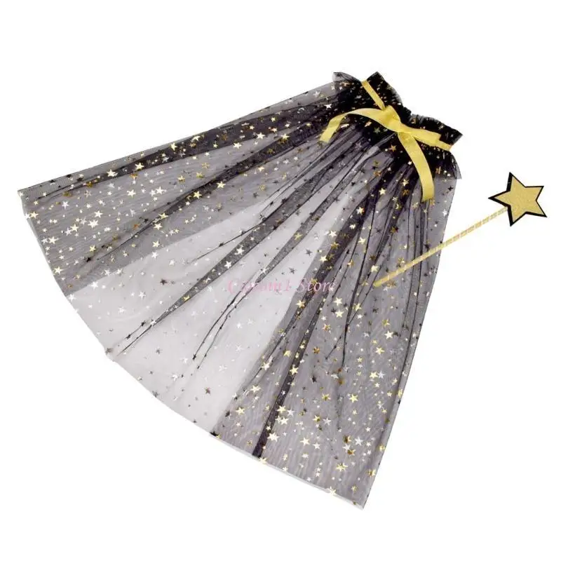 Y1UB 2PCS Star Wand e Sheer Cape for Kids Infants Girls Tulle Cloak & Star para festas conto e fingimento