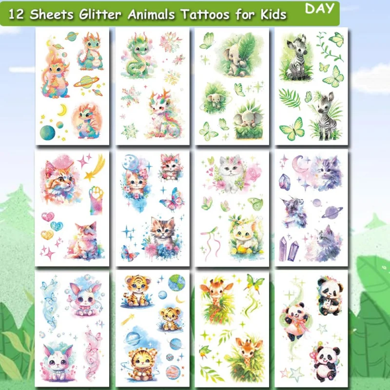 12 ملصق وشم حيوانات لامعة قطة باندا نمر فيل زرافة موضوع حيوانات لوازم حفلة عيد ميلاد هدية زينة