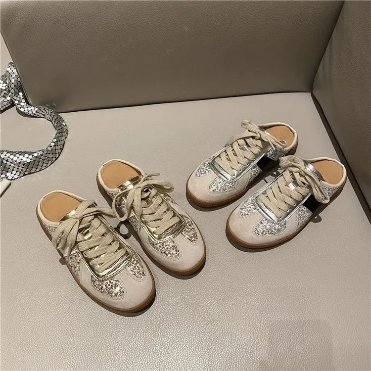 

Flat soles casual wear toe slippers women's rhinestone lace-ups comfortable not tired sequins heelless slip-ons sneakers women
