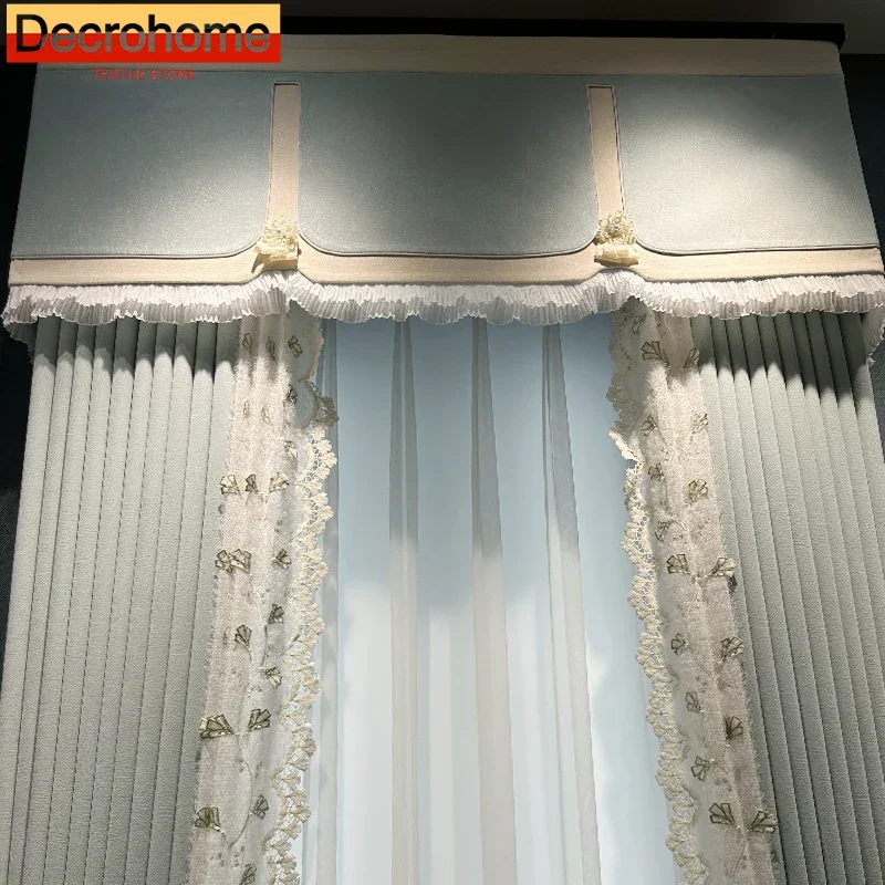 

New Light Blue Embroidered Window Screen Spliced Jacquard Chenille Curtains for Living Room Bedroom Balcony Custom Valance