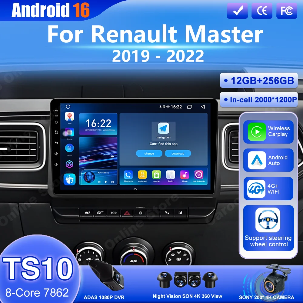 Android 16 sem fio carplay auto para renault master 2019 2020 - 2022 rádio do carro navegação estéreo reprodutor de vídeo multimídia dsp 4g