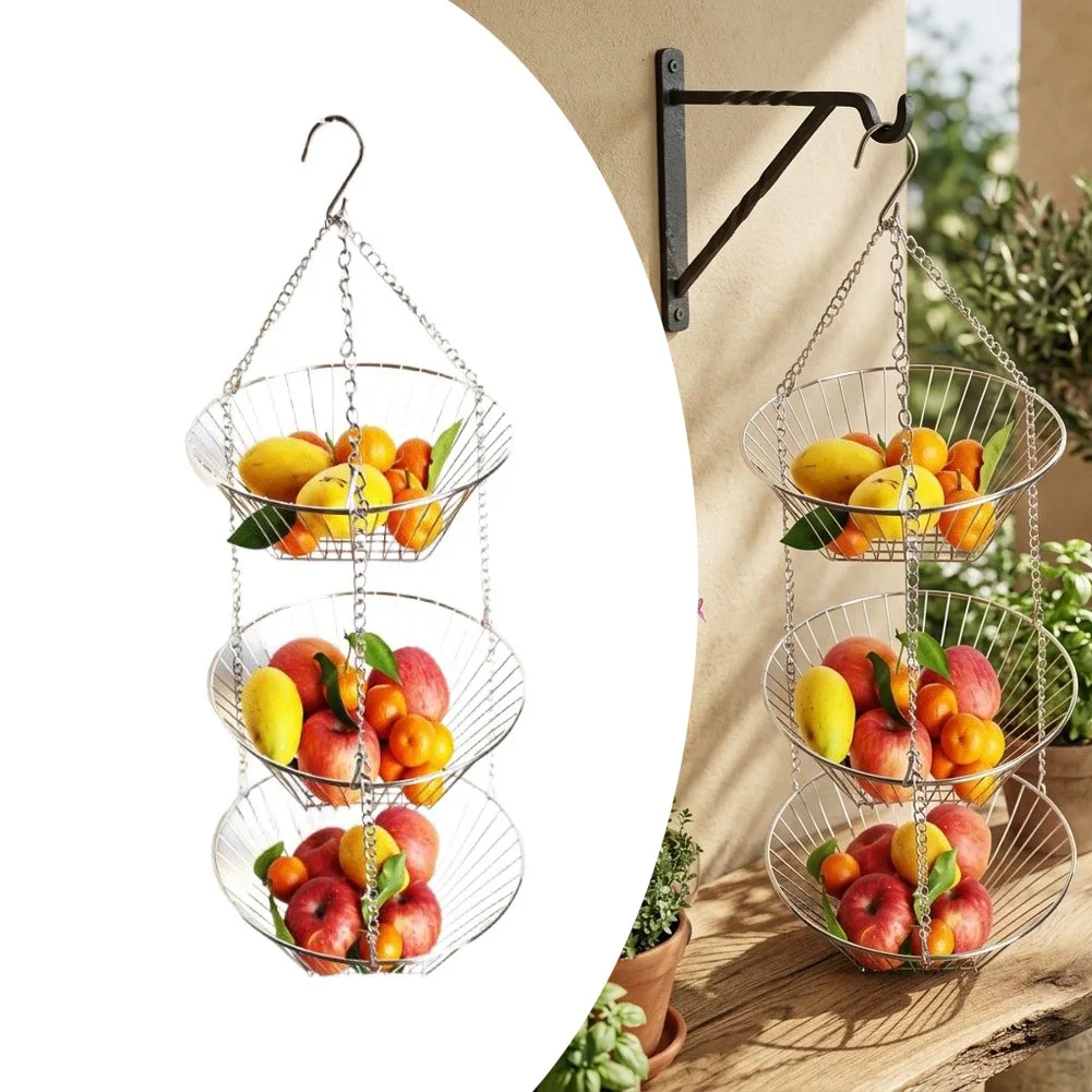 3 Tier Chrome Fruit Basket for Hanging Multi Level Storage Rack Adjustable Height Iron Wire 11 x 11 x 32 Inches view 2