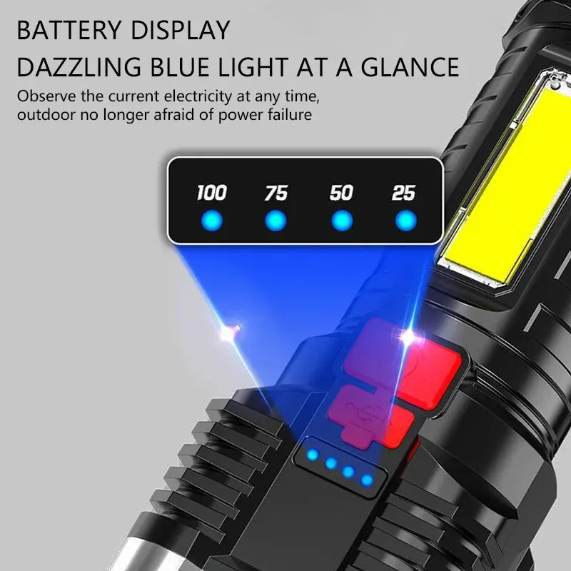Пятиядерный светодиодный Многофункциональный фонарик, наружный USB Перезаряжаемый Cob-фонарик, внешний фонарь для чрезвычайных ситуаций