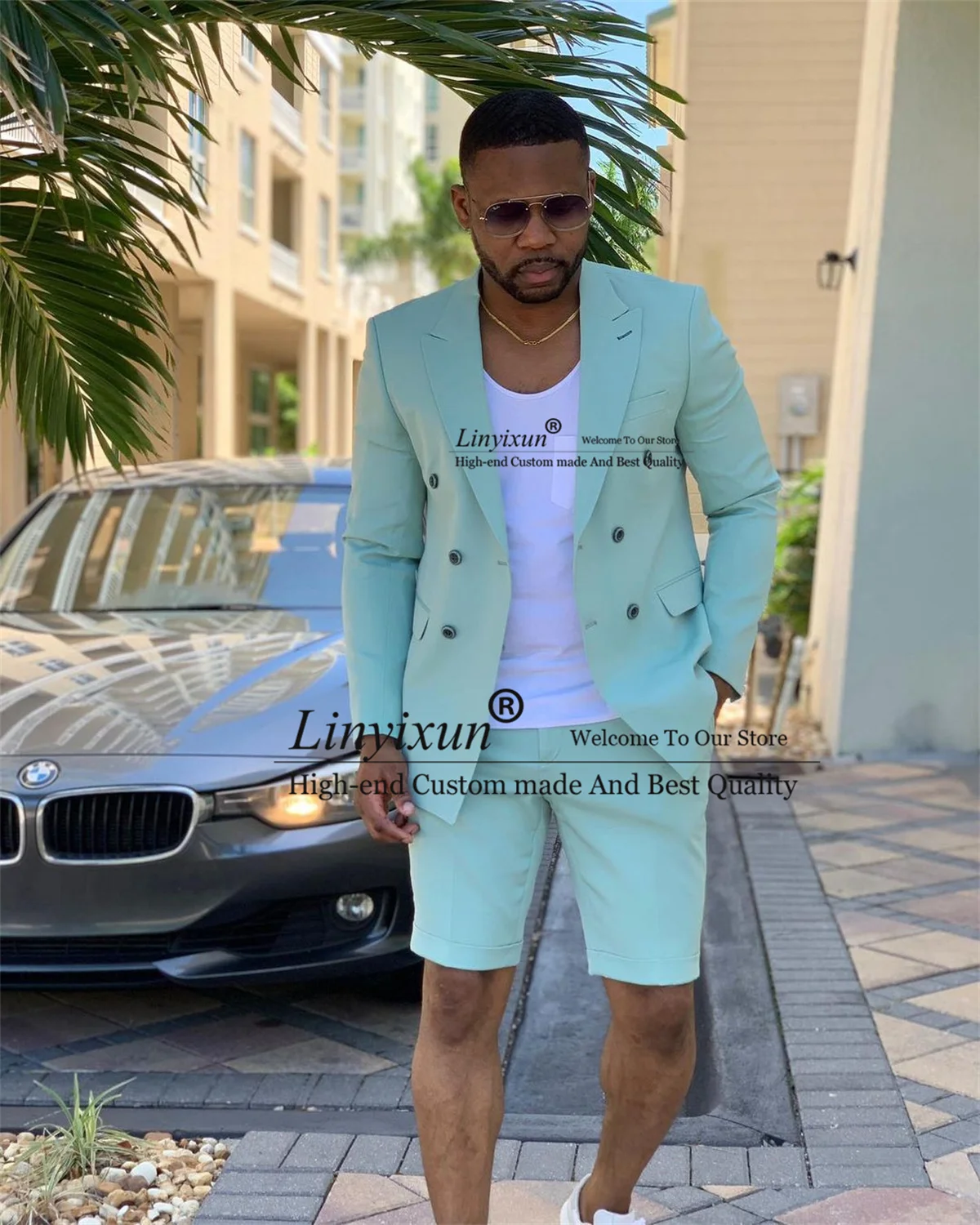 

Summer Beach Mint Green Men Suit Double Breasted Groom Wedding Tuxedos 2 Pieces Sets Business Blazers Short Pants Costume Homme