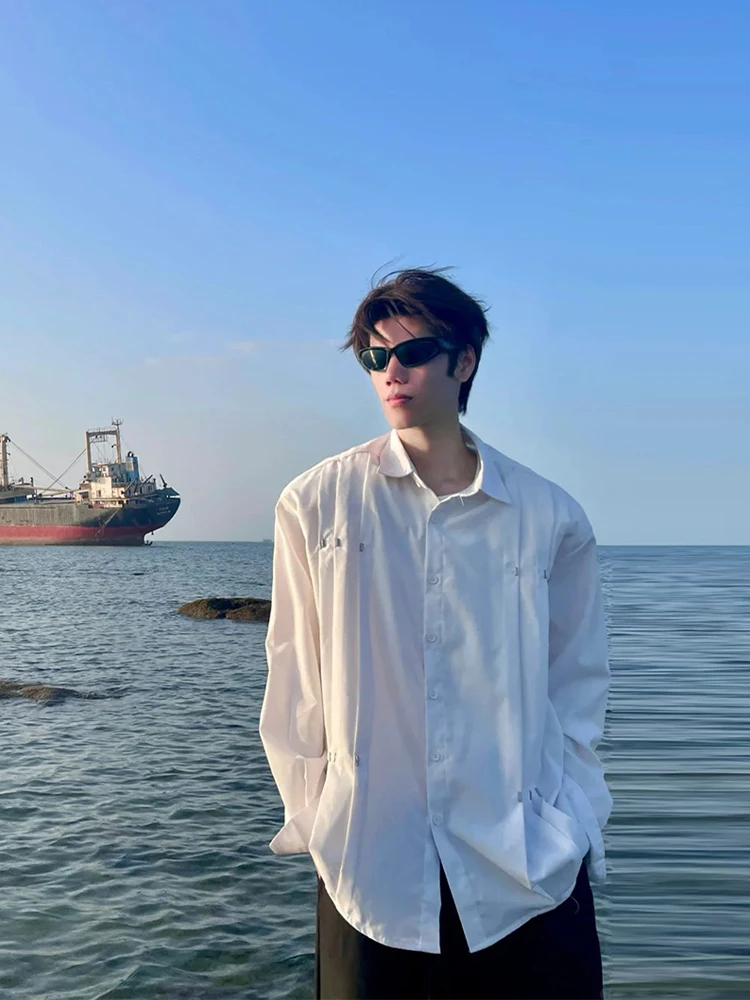 

White Padded oulder Men's irt Long Sve Pleated Design High-End Feeling Trendy Brand Small Haome Outerwear