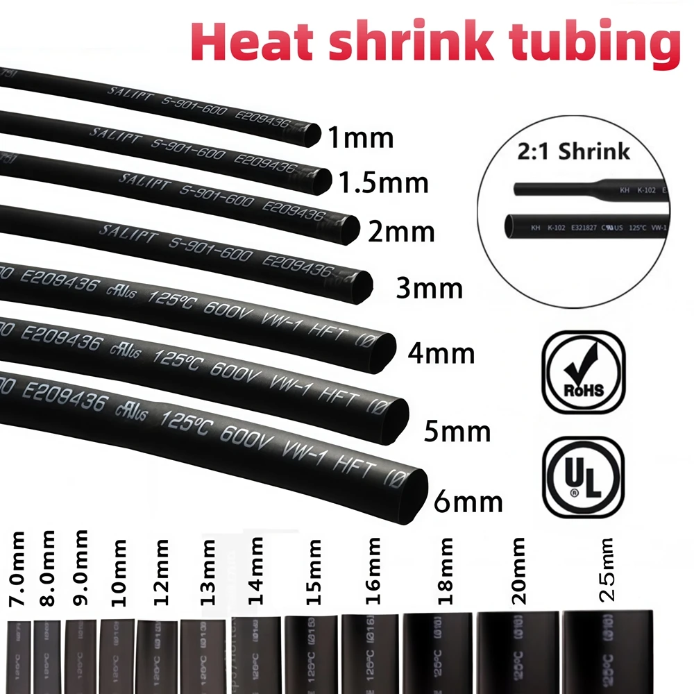 Schrumpfschlauch 1mm 1,5 2mm 2,5mm 3mm 3,5mm 4 5 6mm 9mm 18mm 22mm 50mm Schwarz für Handy-Ladekabel-Reparatur, Isolierend