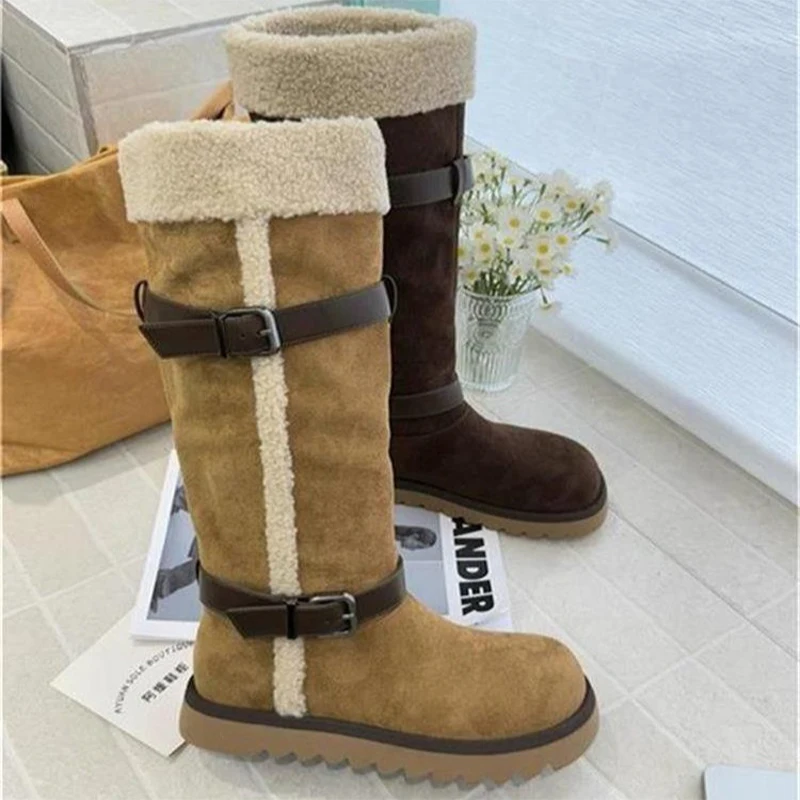 

Fur Long Women Boots Flats Designer Warm Shoes for Woman Short Plush 2025 New Snow Boots Cozy Fashion Suede Cotton Femme Boots