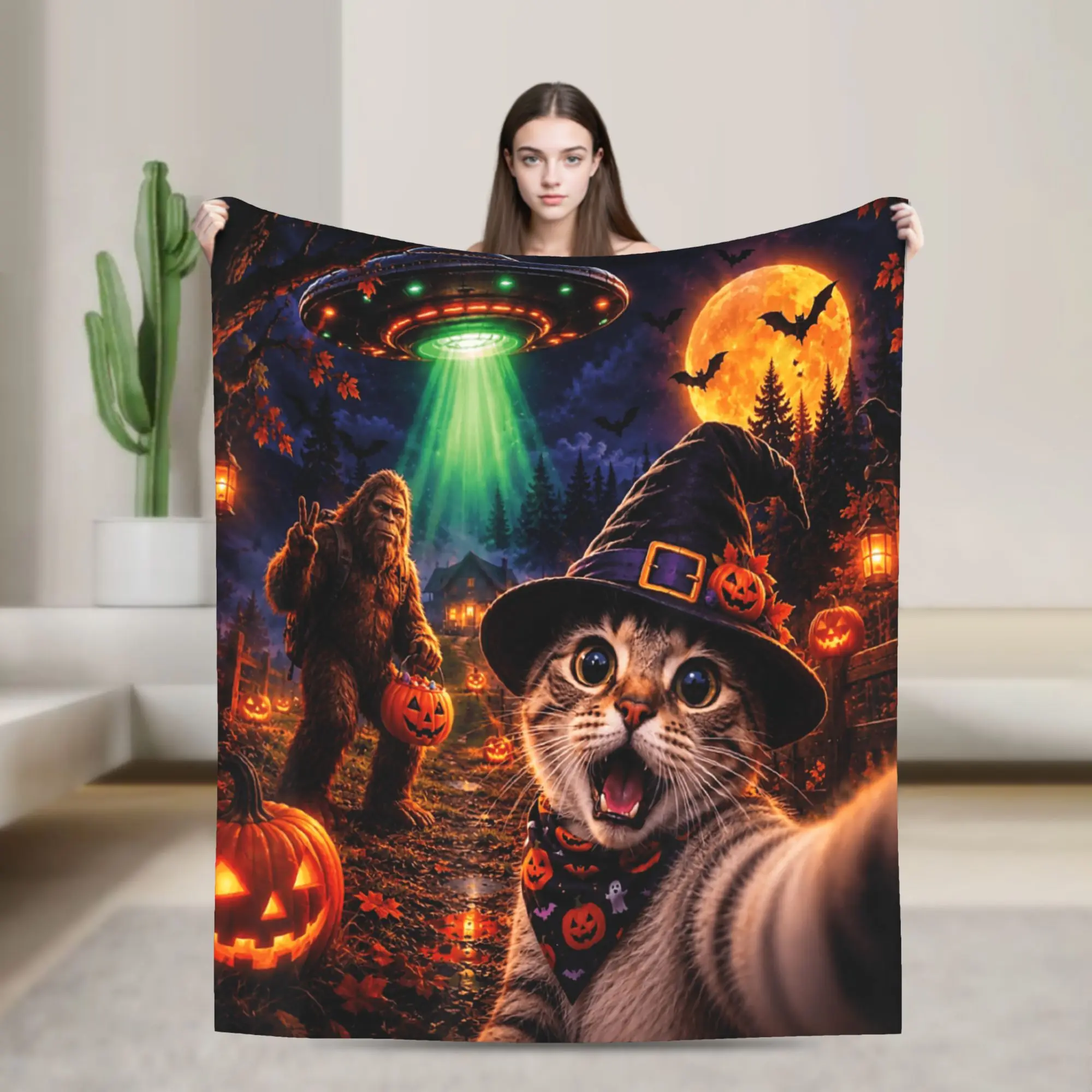 Super Soft Throw Blanket Travel Office Funny Halloween Cat Selfie with Bigfoot UFO Blankets Flannel Bedspread For Sofa Bed Cover