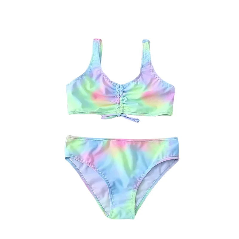 Bañador Tie Dye para niñas de 7 a 14 años, traje de baño de dos piezas, conjunto de Bikini fruncido frontal, ropa de playa 2024