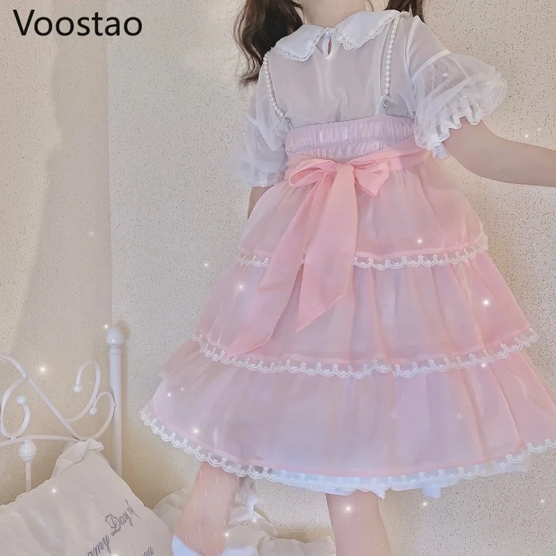 Verão doce lolita blusas feminino japonês bonito peter pan colarinho rendas pérola arco camisas meninas kawaii puff manga blusas mujer