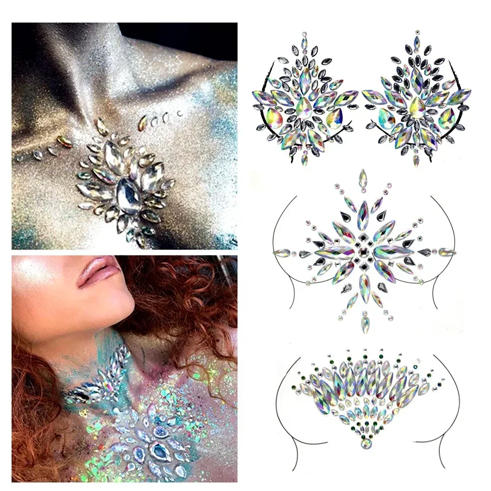 Heallor Women's Temporary Tattoos Fake Tattoo Stickers Chest Jewels Crystal Diamond Acrylic Rhinestone DIY Face Stickers Face De