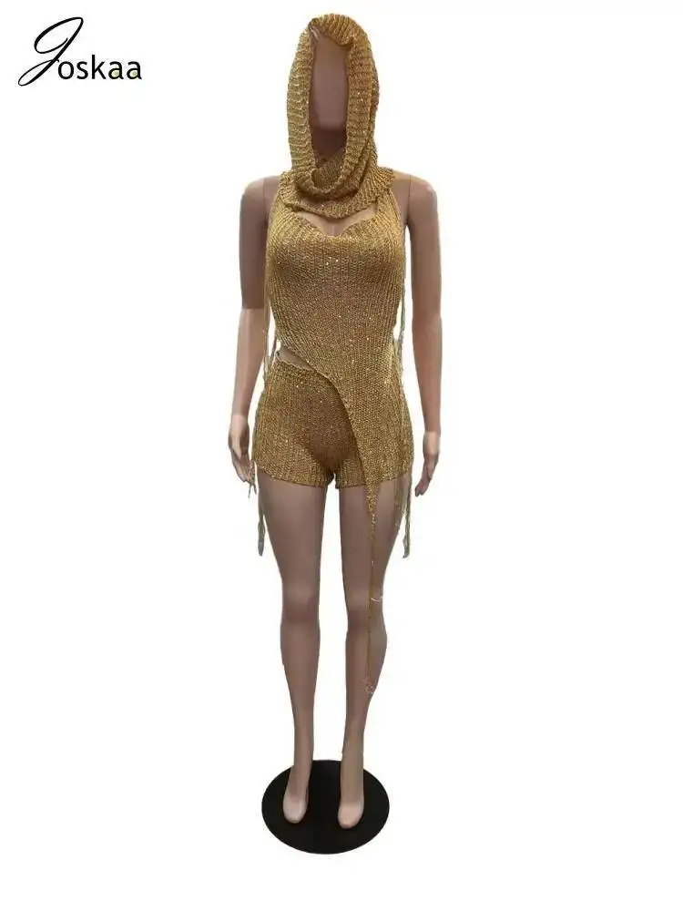 

Joskaa вязаный пляжный комплект из 3 предметов с блестками, женский сексуальный топ с открытой спиной и лямкой на шее, нерегулярный топ + шарф на голову + шорты, одинаковый комплект, отпускная одежда