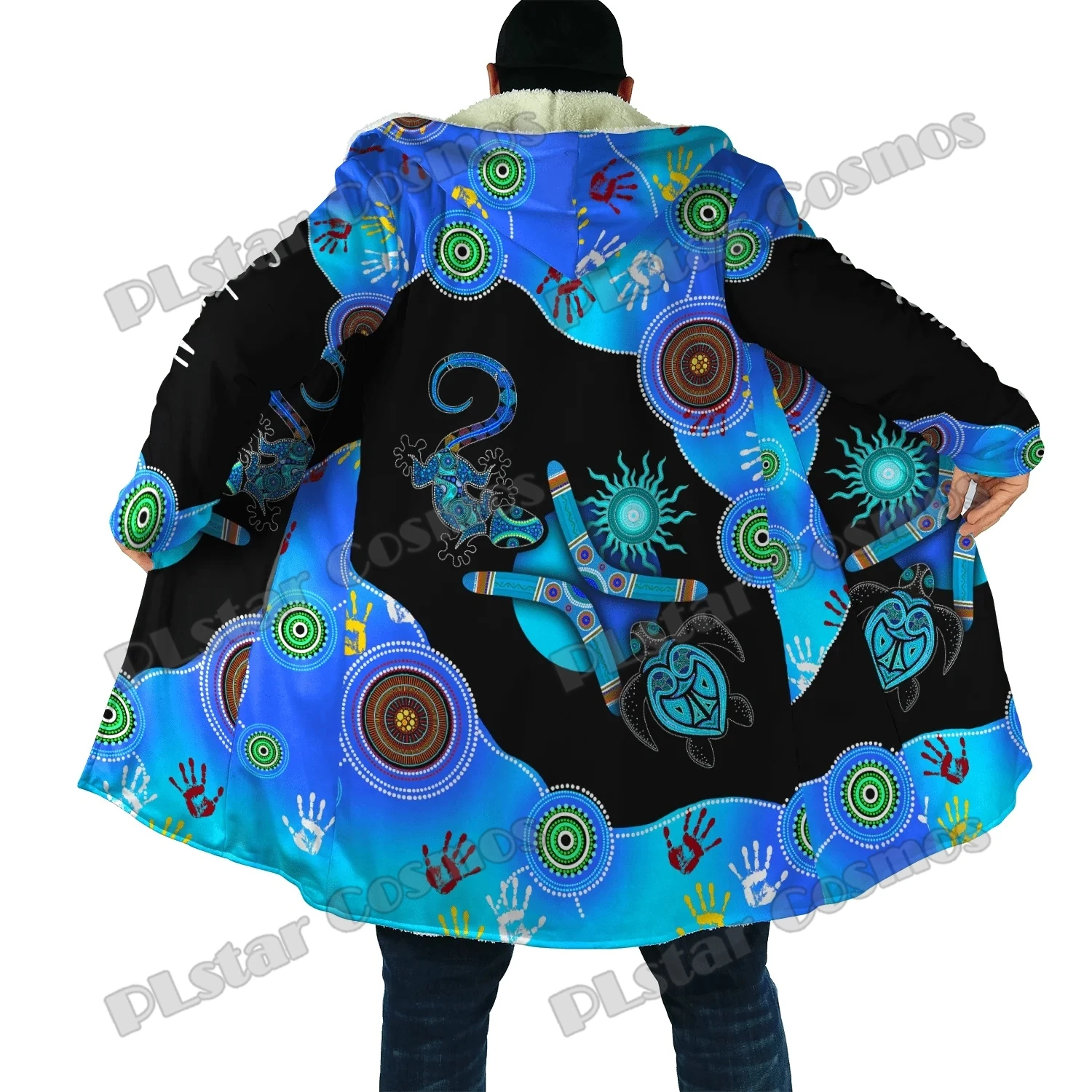 Personalized Aboriginal Lizard Brown Orange Dot Pattern 3D Printed Men's Hooded Cloak Unisex Winter Fleece Warm Cloak coat PZY08