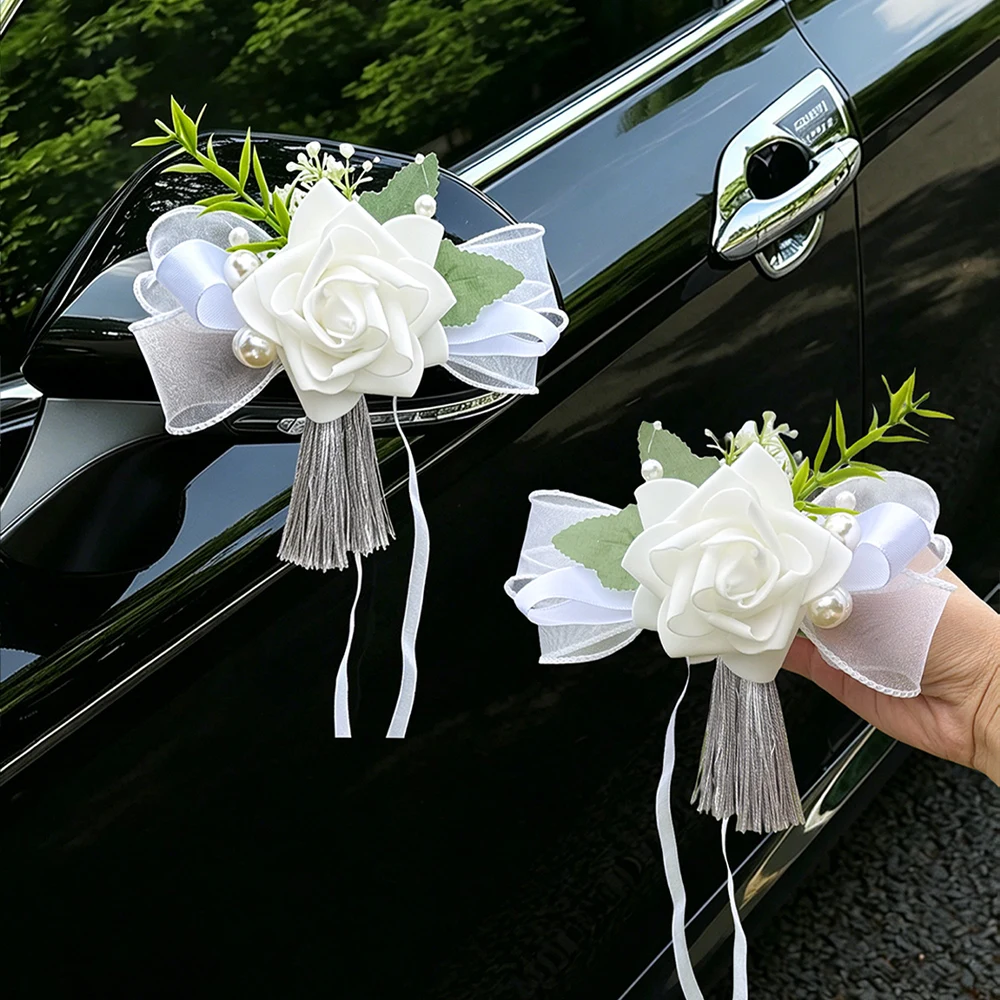 White Rose Wedding Rearview Mirror Decor Flower, With Tulle Bow, Pearls, Tassels And Green Leaves,For Wedding Car ,Chair Decor