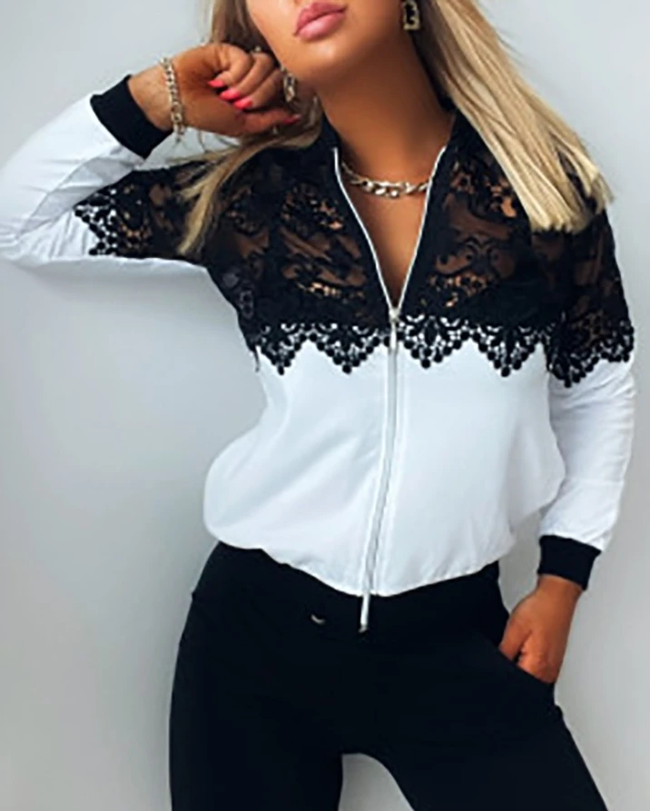 Women's Jacket 2024 Winter Casual Contrast Paneled Guipure Lace Hollow Out Baseball Collar Zipper Front Long Sleeve Shirt Coat