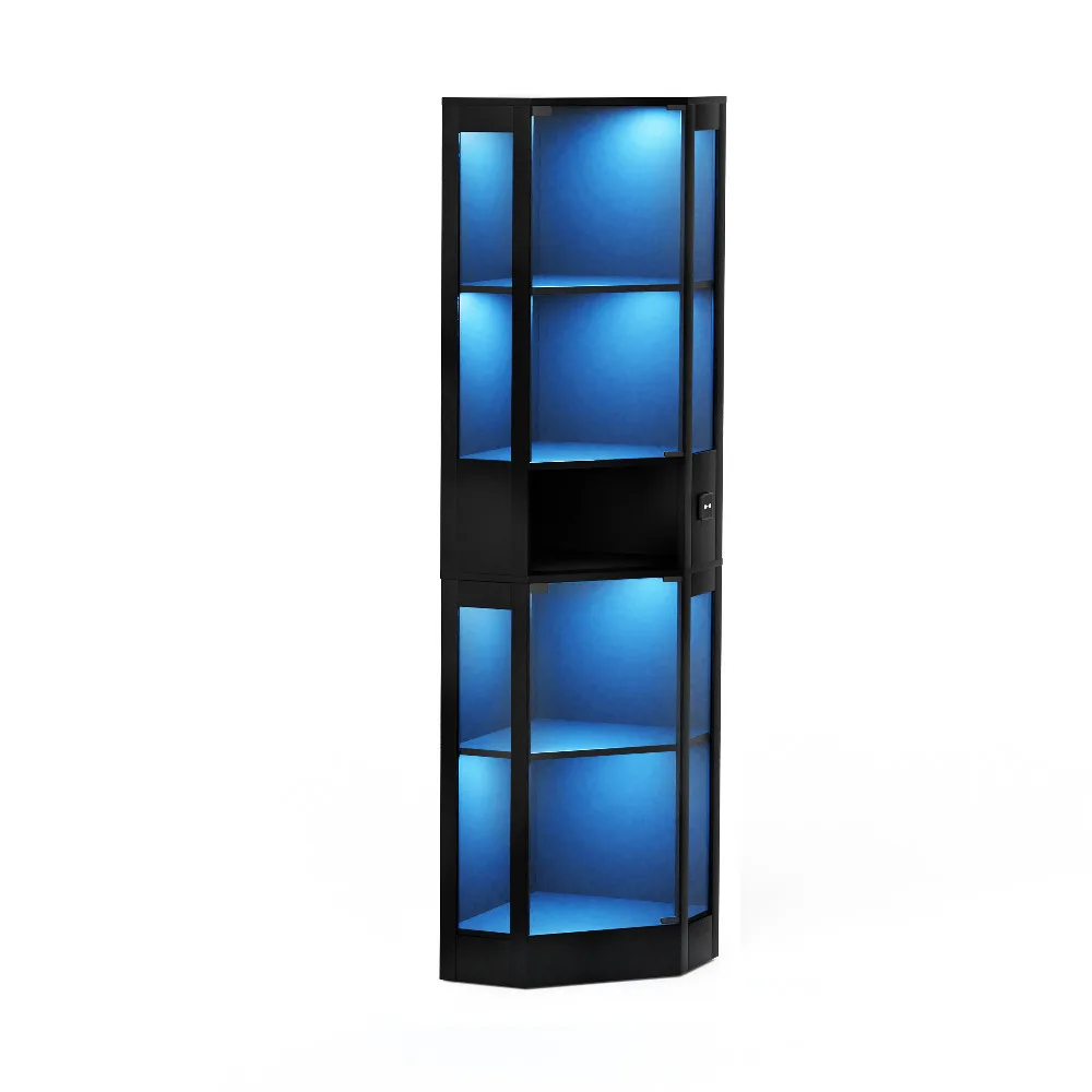 Vitrina de Vidrio de 5 Niveles con Iluminación LED y Sensores de Movimiento, Puertas de Vidrio, Espacio de Almacenamiento, Negra, para Sala de Estar/Dormitorio/Oficina