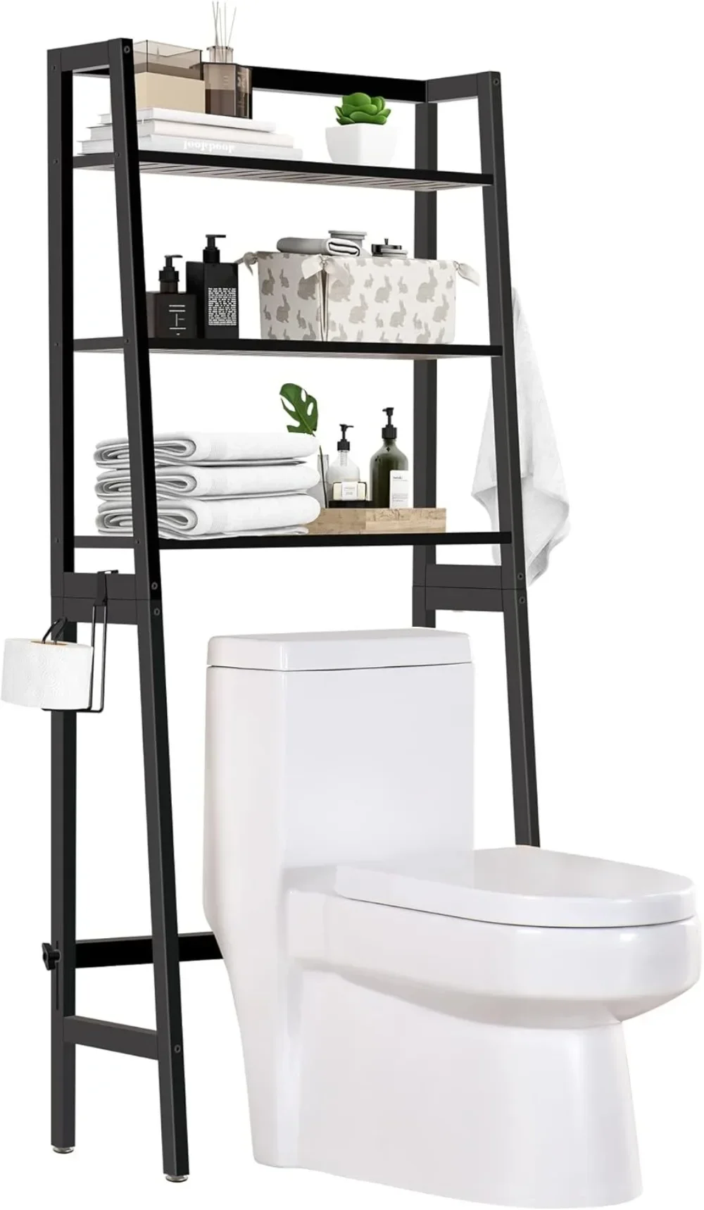 

Wooden 3-Tier Over-The-Toilet Rack Bathroom Space Saver Organizer, Freestanding above Toilet with Toilet Paper Holder and Hooks