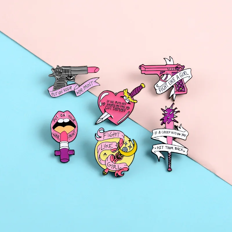 Feminism Lipstick Enamel Pin Pink Brooch Denim Jeans shirt Bag Lapel Pin Cartoon Cosmetic Jewelry Gift for Friends Female