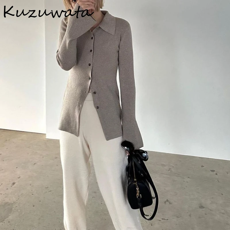 Kuzuwata Vintage Turn-Down Collar Flare Sleeve Jumper Single Breasted Solid Stripe Pull Femme Japan Fashion Soft Simple Tops