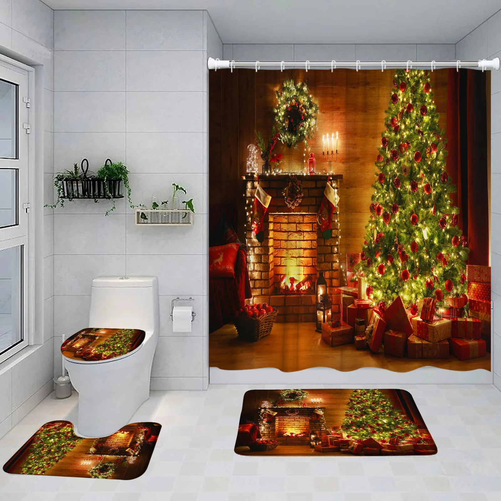 Christmas Shower Curtains Set Cute Snowman Blue Xmas Balls Fir Branches New Year Bathroom Decor Non-Slip Rug Bath Mat Toilet Lid