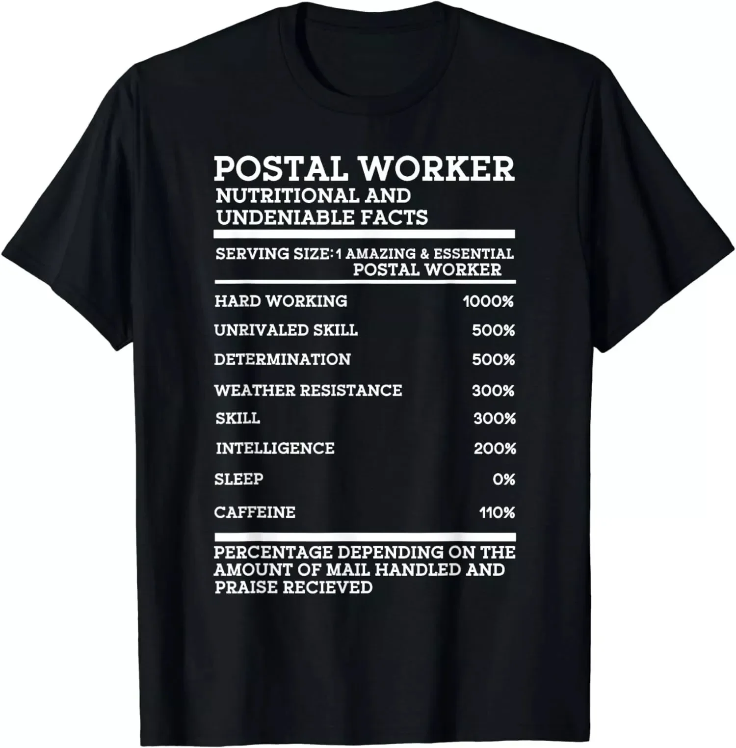 Postal Worker Nutritional Facts, Mail Carrier, Mail Lady Funny Unisex T-Shirt