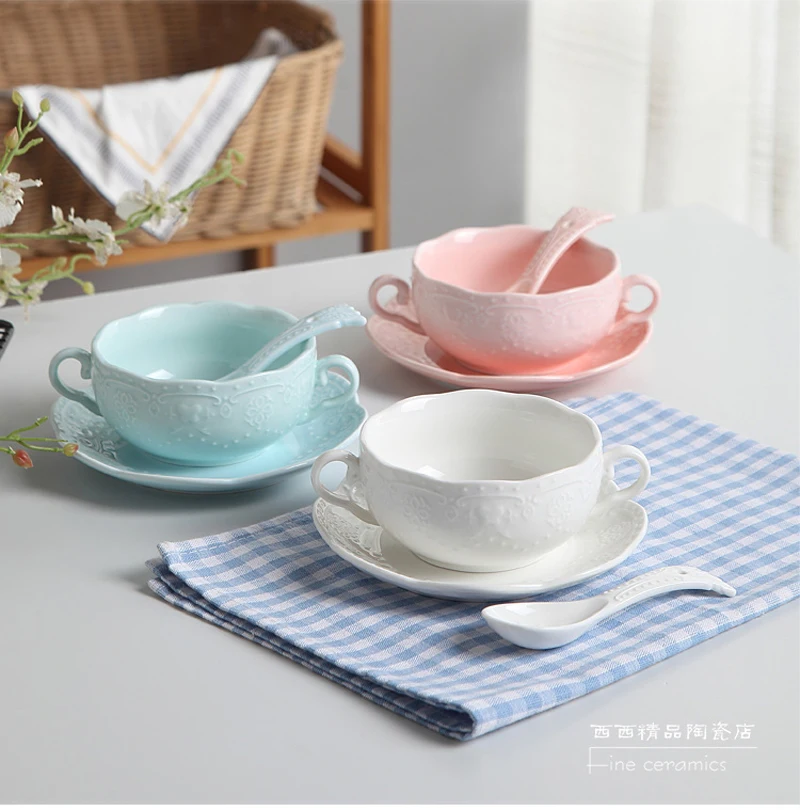

5.5inch, Color Embossed Porcelain Cereal Bowl with Breadfast Plate, Breakfast Cup Handle, Ice Cream Spoon