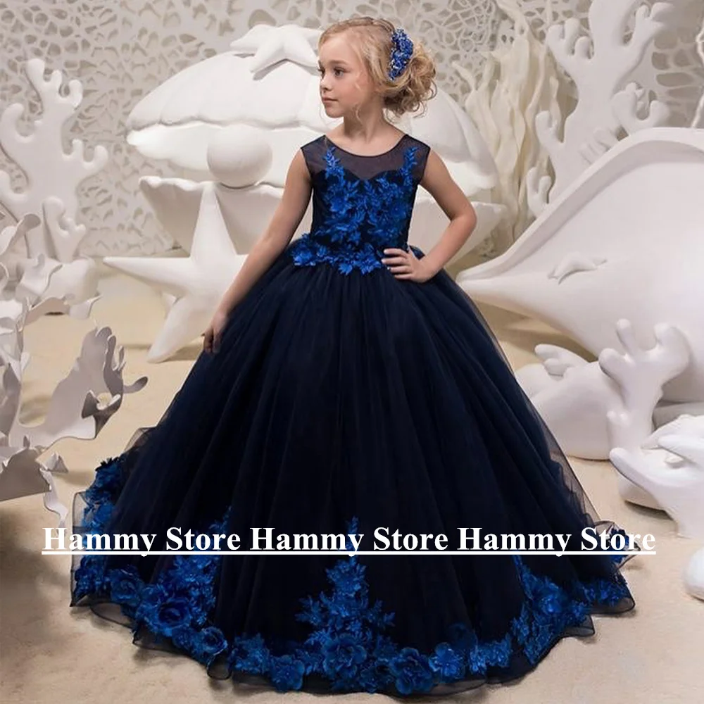 

Yipeisha Navy Blue Flower Girl Dress Cap Sleeve Scoop Neck 3D Flowers Applique Ball Gown Tulle Long First Communion