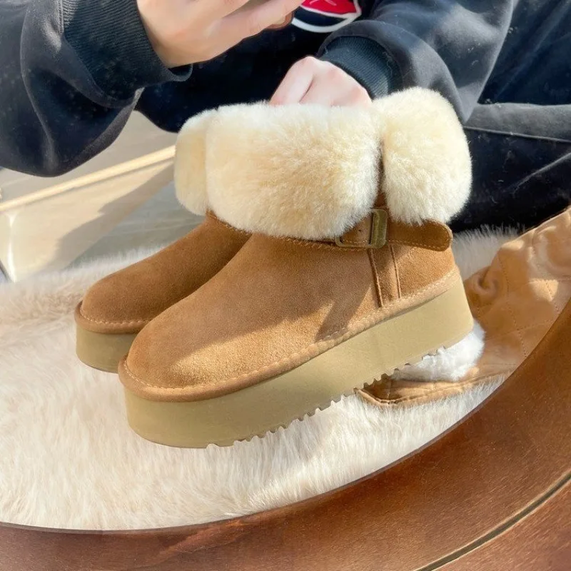 Women's Fashion Platform Snow Boots Winter New Round Head Suede Belt Buckle Anti-slip Wear-resistant Short Boots