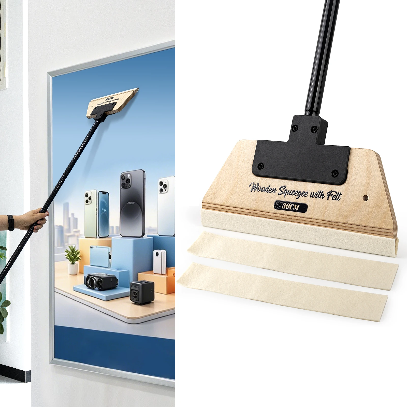 FOSHIO Long Handle Wooden Smoothing Squeegee Glass Film Flat Surface Wallpaper Decals Printing Scraper With Felt Edge Wrapped