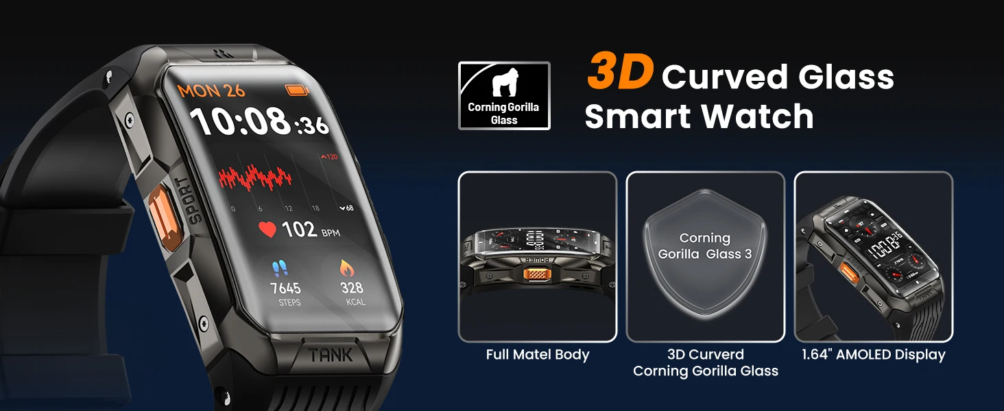 KOSPET TANK X2 Smartwatch für Herren, IP69K, wasserdicht, 3D-gebogener Bildschirm, 1,64 Zoll AMOLED, Bluetooth-Anruf, 170 Sportmodi, Smartwatch – Detail 4