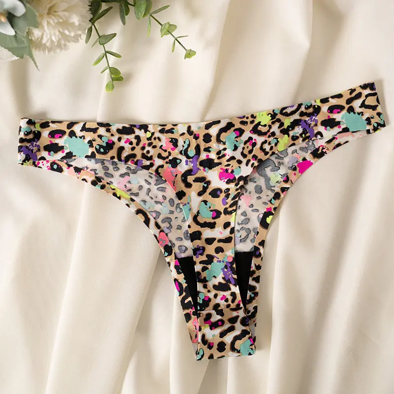 Eisseide Leoparden-Damenslips Sexy G-String Tanga Nahtlose Unterwäsche T-Back Bonbonfarben Mädchen-Slips Unterhosen Übergröße M-XXL