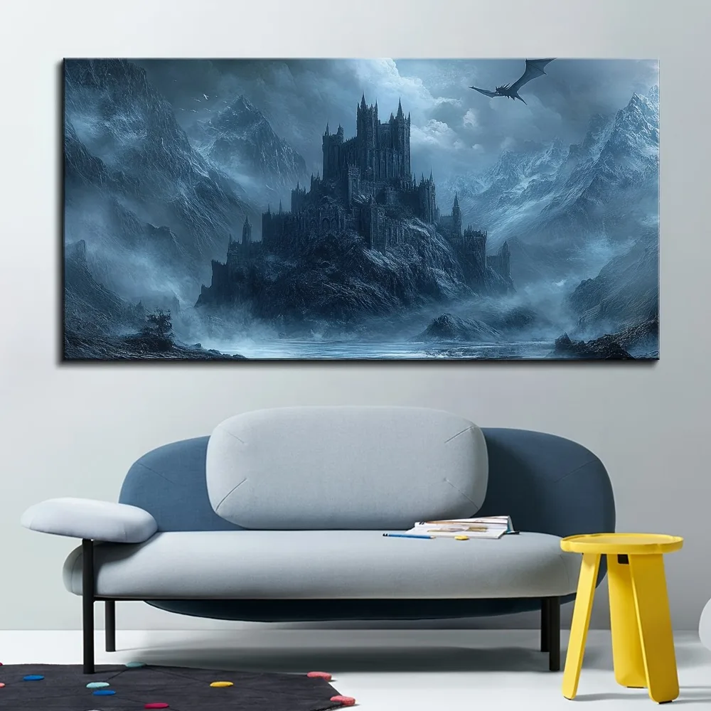 1.5 inch thick pine solid wood frame, Halloween canvas mural, suitable for living room home decor, black castle canvas painting