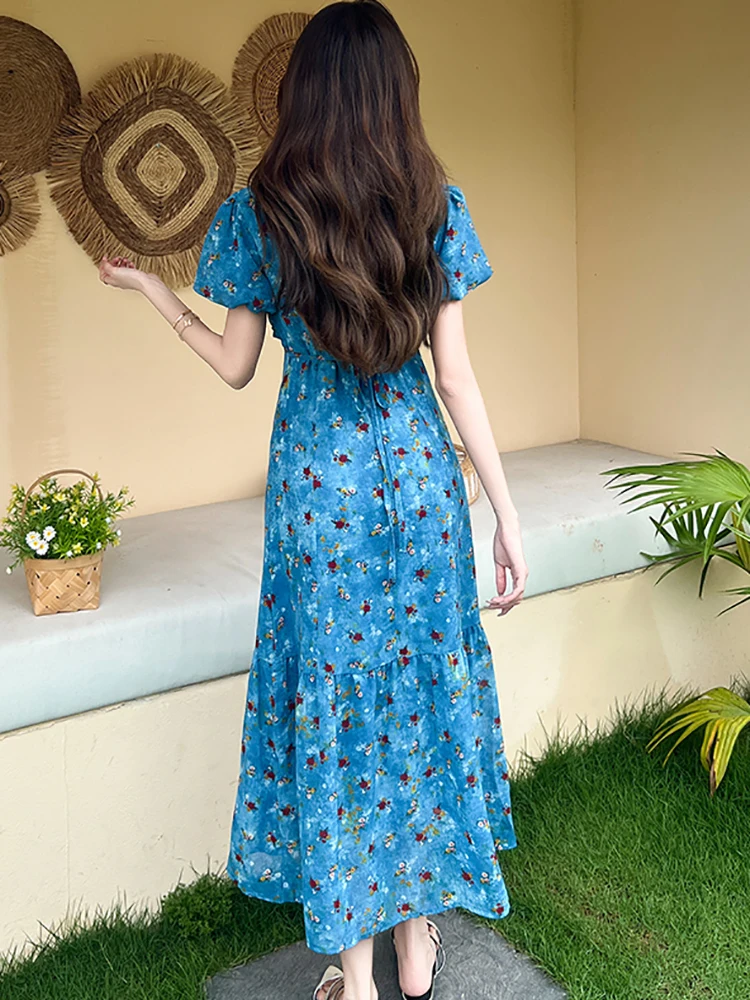 ฤดูร้อนดอกไม้สีฟ้า Bow Ruffled V คอชุดยาวผู้หญิง Boho พัฟแขนเสื้อชุดลําลอง 2025 เกาหลี Elegant Bodycon Holiday Dresses