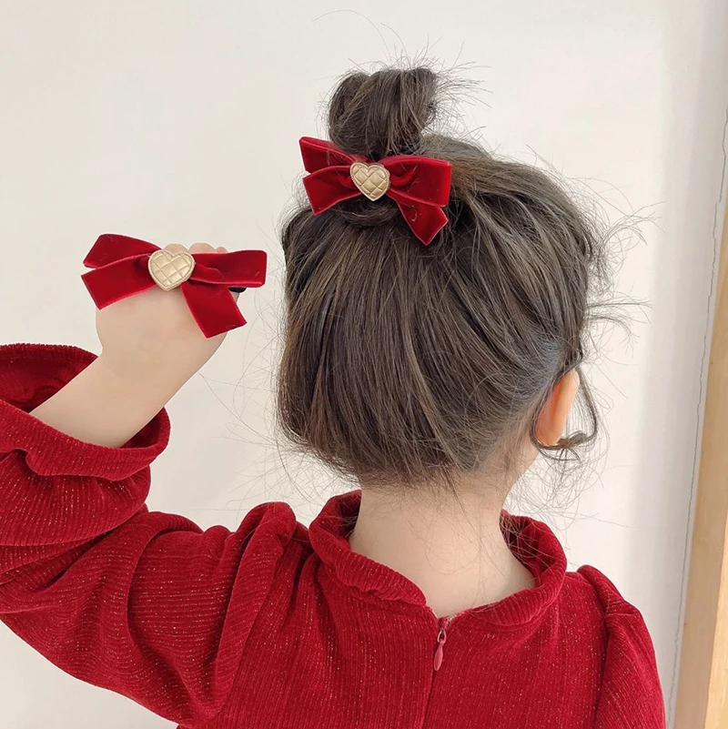 2PCS Girls Velvet Love Hair Rope Rubber Band Hair Accessories Fashion Hairpin Bow Hair Tie