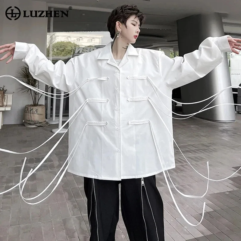 

LUZHEN Ribbon Tassel Long Sleeve Shirts Men's Solid Color 2024 Trendy Korean High Street Wear Male Tops Fashion Handsome LZ6713