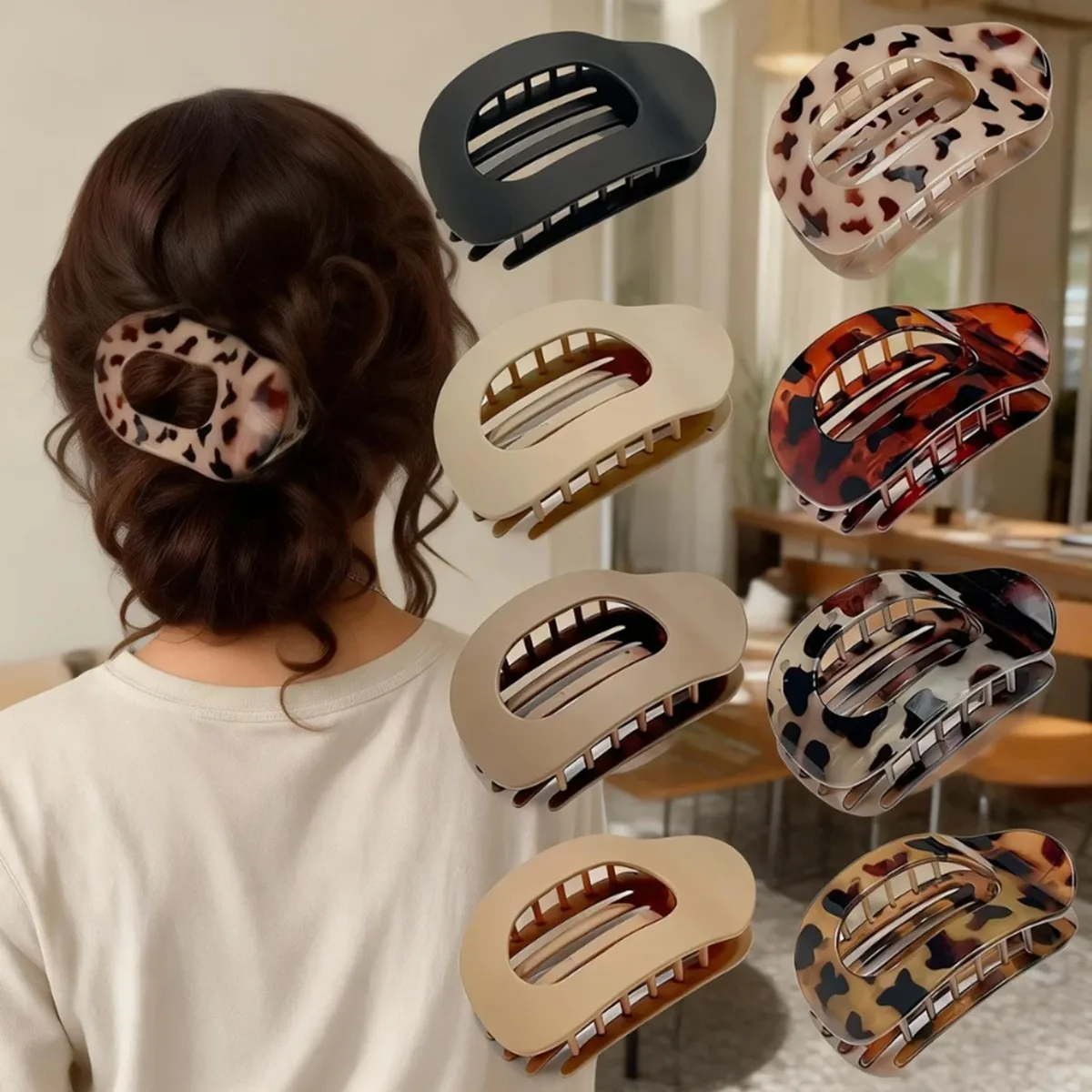 Modische Ovale Haarklammer für Frauen Neues Design Leoparden-Muster Matt Gebogene Flache Styling-Haarspangen Acryl Liegende Haaraccessoires – Detail 2