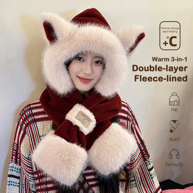 السيدات لي فنغ قبعة أفخم لطيف الثعلب الأذن قبعة وشاح المرأة الخريف والشتاء قطعتين مجموعة مقنعين وشاح للدراجات الدفء