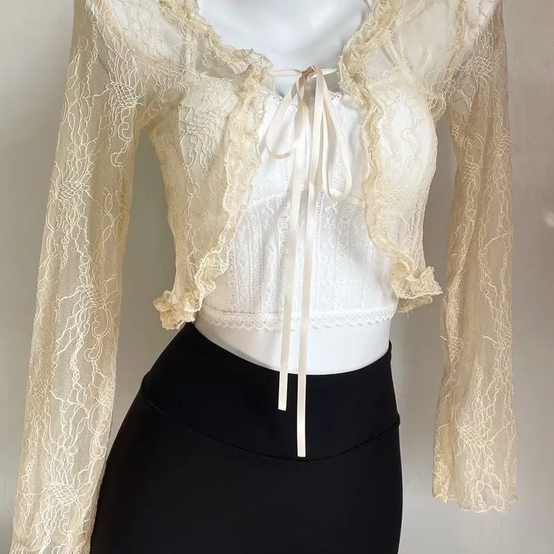 Shirts Frauen Spitze Neue Sommer Sonnencreme Französisch Stil Cropped Entwickelt Süße Sanfte Elegante Büro Dame Sexy Beliebte Chic Vintage