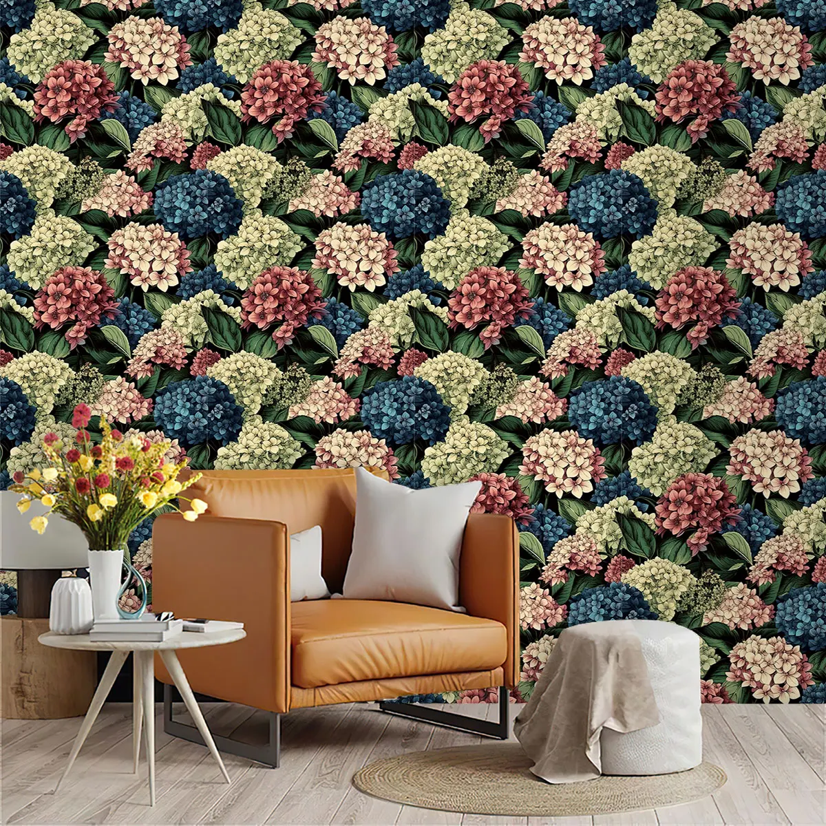PVC recycled wallpaper with hydrangea pattern fabric for decoration, waterproof