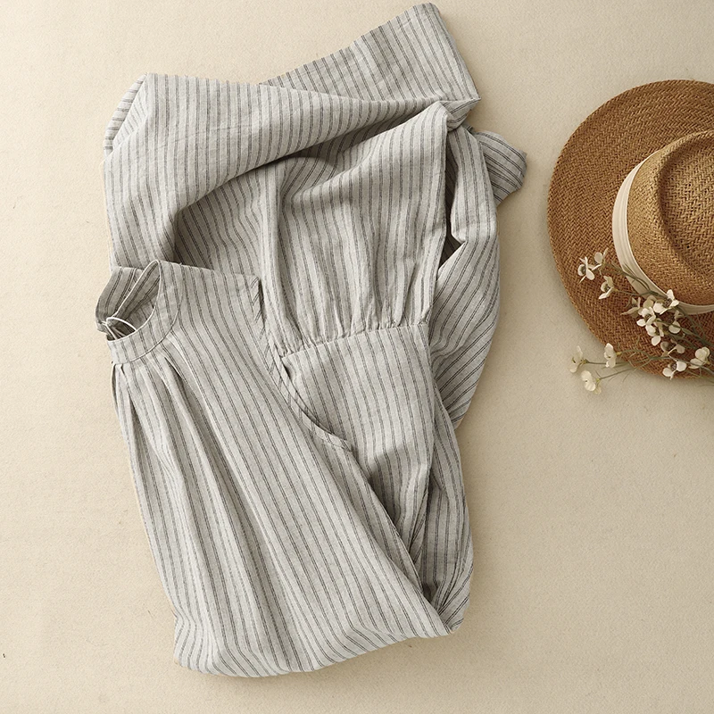 Women Long Dress Summer 2025 Cotton Linen Vertical Strips Loose Boho Casual Streetwear Holiday