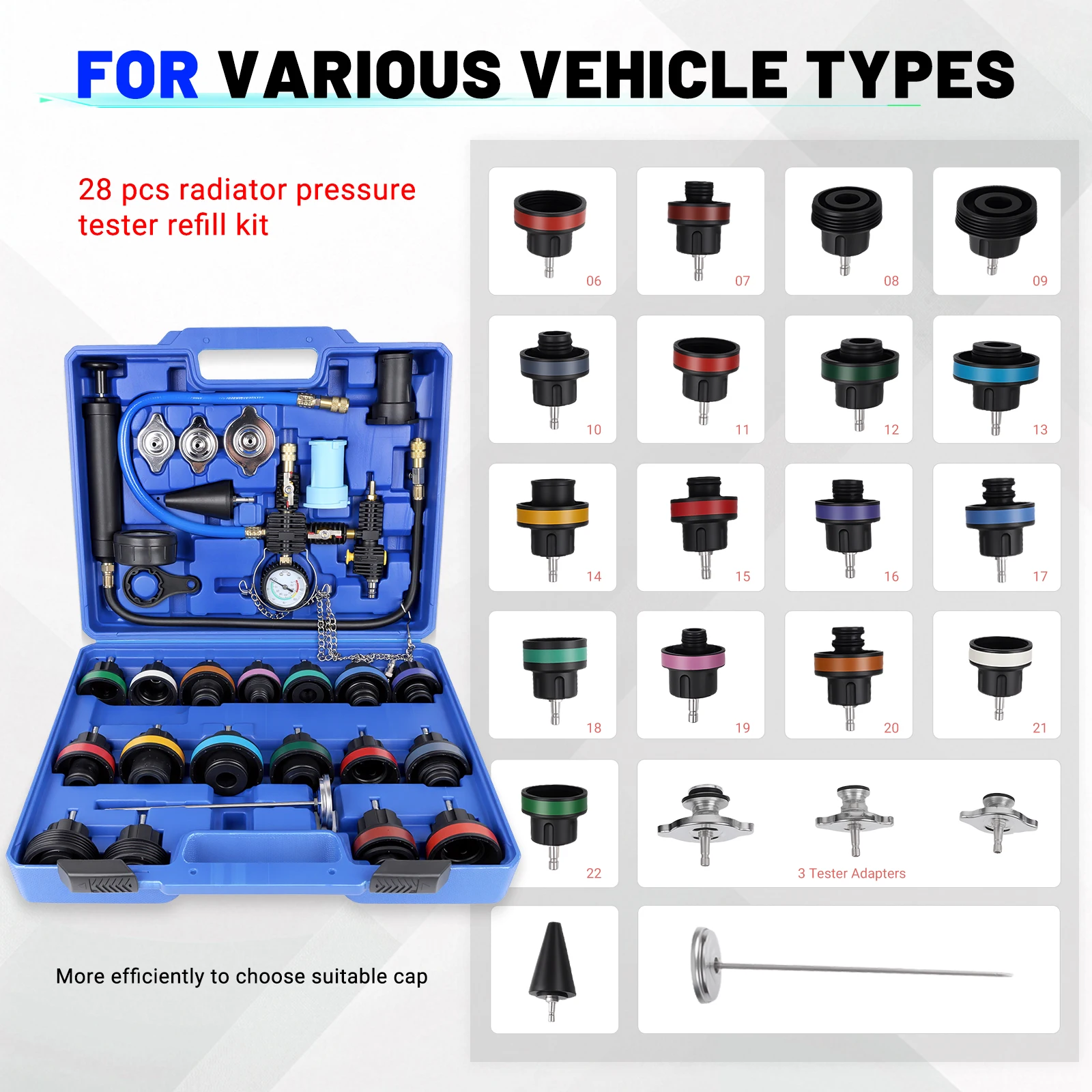 Kit De Carga De Refrigerante Al Vacío MOTORSPORTPLUS – 28 Piezas, Probador De Presión De Radiador Universal (hierro/plástico)