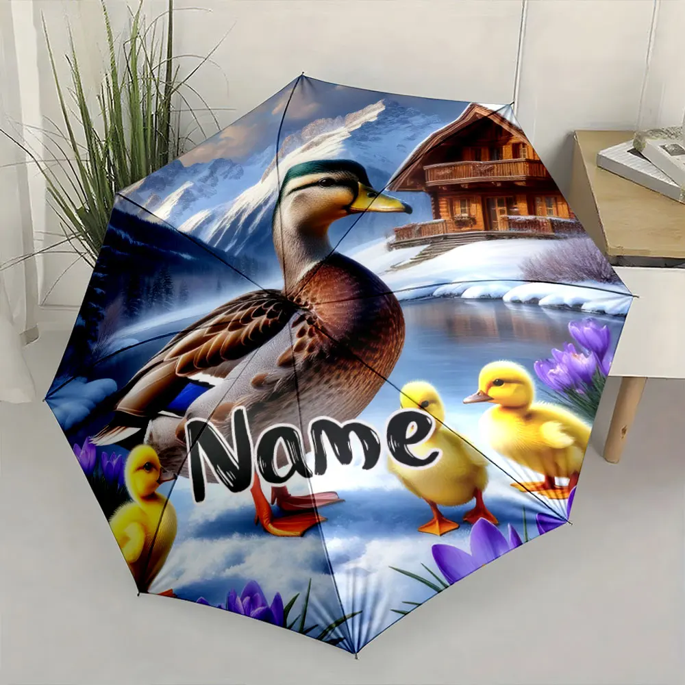 Custom Name Umbrella,Winter Duck Family by Cabin with Purple Flowers Umbrella Design