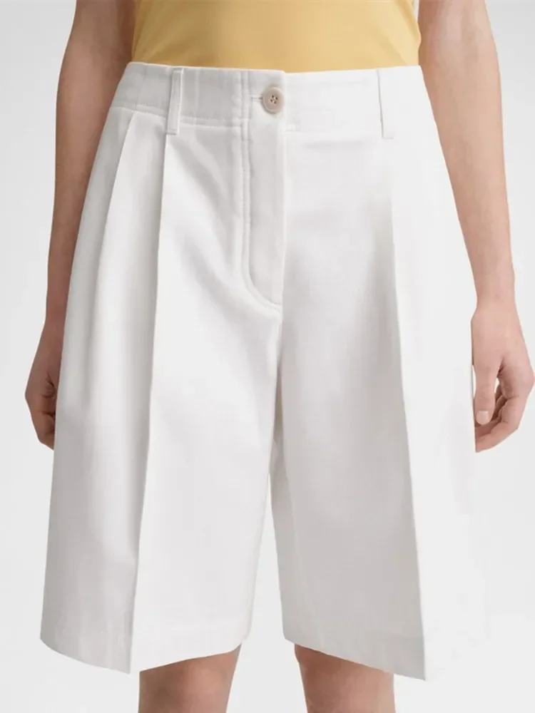 Women's Pleated Shorts White or Black Straight Cotton Casual 2025 Summer New Ladies Single Breasted Shorts