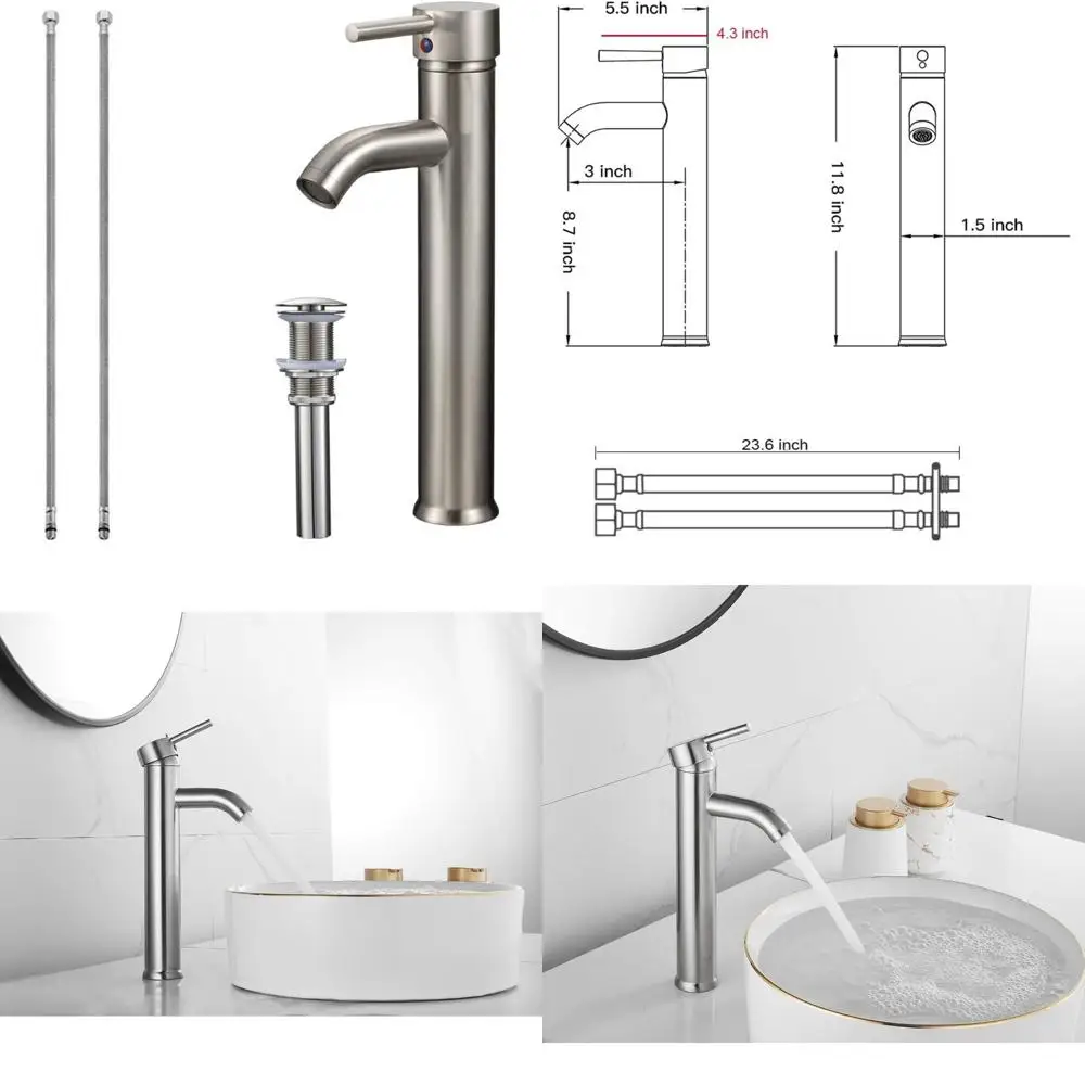 

Modern Tall Basin Mixer Tap with Pop-Up Drain, Brushed Nickel Finish, Lavatory Vanity Sink Faucet without Overflow