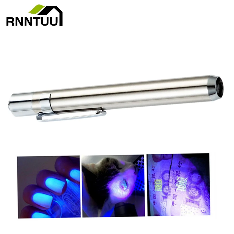 

RnnTuu Stainless Steel Mini Lamp Led 365/395 UV Flashlight Torch Ultra Violet Light AAA Battery for Marker Checker Detection