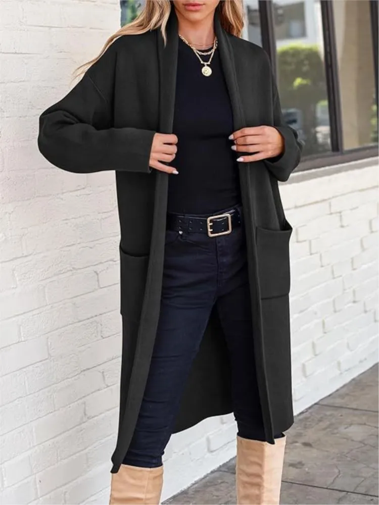 

Winter Women's Fashionable Knitted Cardigan Long Jacket Casual Loose Simple Pocket Female Retro Sweater Coat 2025
