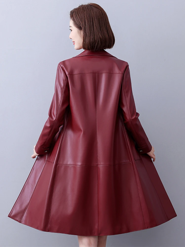 New Women Leather Coat Spring Autumn Fashion Turn-down Collar Single Breasted Long Trench Coat Split Leather Casual Outerwear