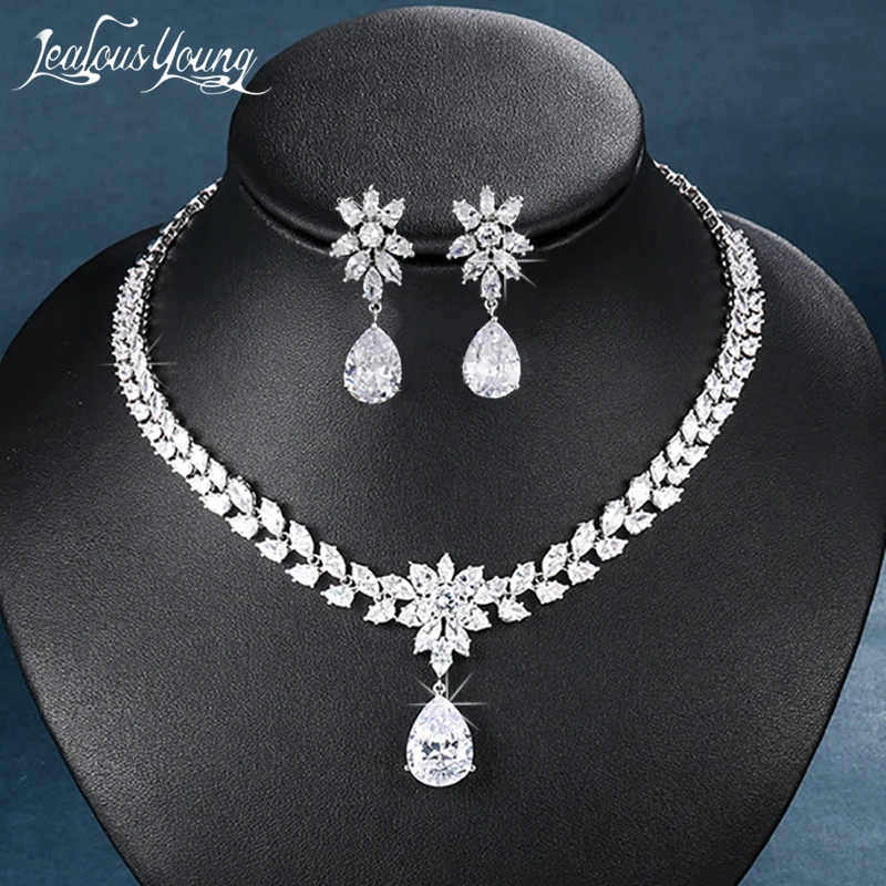 Fashion Flower Cubic Zirconia Crystal Women Earrings Necklace Sets for Brides Wedding Costume Jewelry Set AS036