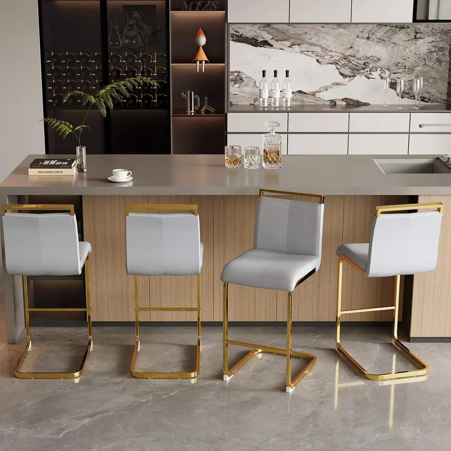 

25in Light Grey Counter Height Bar Stools Set of 4 with Back Faux Leather Gold Chrome Metal Leg Pub Kitchen, Customized